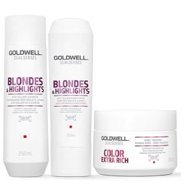 Goldwell Dual Senses Blonde & Highlights Anti-Yellow Shampoo 250ml, Conditioner 200ml and 60 Second Treatment 200ml Pack