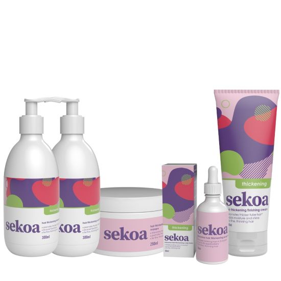 Sekoa Hair Thickening Shampoo 300ml, Conditioner 300ml, Conditioning Masque 250ml, Finishing Cream 200ml and Scalp Tonic 50ml Pack