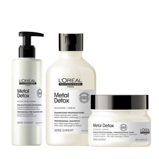 L'Oreal Professionnel Metal Detox Anti-Porosity Filler Pre-Shampoo Treatment, Metal Detox Shampoo 300ml and Metal Detox Mask Pack