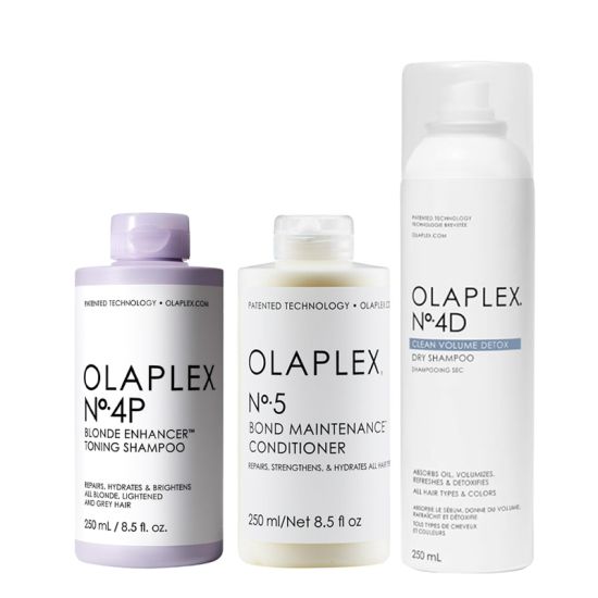 Olaplex No.4P Blonde Enhancer Toning Shampoo 250ml, No. 5 Bond Maintenance Conditioner 250ml & Olaplex No.4D Clean Volume Detox Dry Shampoo 250ml Pack