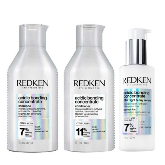 Redken Acidic Bonding Concentrate Shampoo 300ml, Conditioner 300ml and 24/7 Night & Day Serum 100ml Pack