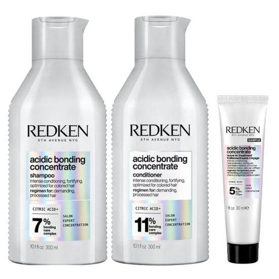 Redken Acidic Bonding Concentrate Shampoo 300ml, Acidic Bonding Concentrate Conditioner 300ml & Redken Acidic Bonding Concentrate Leave In Treatment 30ml Pack