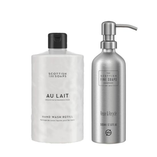Scottish Fine Soaps Au Lait Hand Wash Refill 750ml & Refillable Aluminium Bottle 500ml with Pump Duo