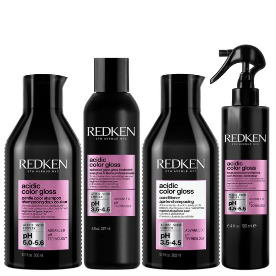 Redken Acidic Color Gloss Sulphate-Free Shampoo 300ml, Acidic Color Gloss Conditioner 300ml, Activated Glass Gloss Treatment 237ml and Heat Protection Treatment 190ml