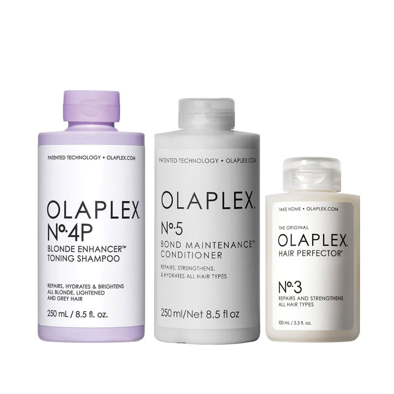Olaplex No.4P Blonde Enhancer Toning Shampoo 250ml & No. 5 Bond Maintenance Conditioner 250ml & Olaplex No. 3 Hair Perfector 100ml Pack