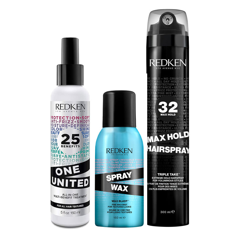 Redken One United Elixir 150ml, Spray Wax 150ml & Max Hold Hairspray 3